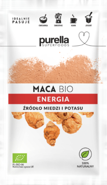 Białe opakowanie Purella Superfoods Maca BIO Energia, z widocznym proszkiem i korzeniem maca, Źródło Miedzi i Potasu.