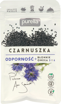 Biała torebka Purella Superfoods z czarnuszką, widok z przodu, z ilustracją fioletowych kwiatów Nigella.