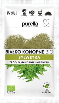 Purella Superfoods Białko Konopne BIO Sylwetka, biała saszetka z zielonymi liśćmi konopi, przód.