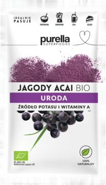 Biała saszetka Purella Superfoods Jagody Acai BIO URODA. Proszek, owoce acai, źródło potasu i witaminy A.