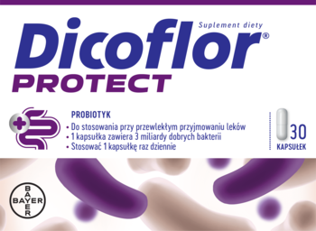 Fioletowo-białe opakowanie Dicoflor Protect, probiotyk na przewlekłe leki, z logo Bayer, widok z przodu.