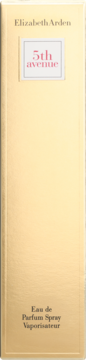 Elizabeth Arden 5th Avenue woda perfumowana w jasnobeŴowym opakowaniu z różowym napisem, widok z przodu.