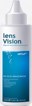 Biała butelka płynu do soczewek Lens Vision MPSol 60ml do oczu wrażliwych, z niebieską etykietą i bąbelkami.