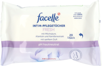 Chusteczki intymne facelle Fresh, biało-fioletowe opakowanie, widok z przodu, pH neutralne, biodegradowalne.