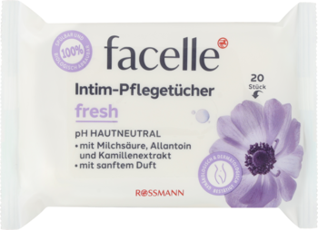 Białe chusteczki intymne Facelle Fresh z alantoiną, rumiankiem i kwasem mlekowym, 20 sztuk, widok z przodu.