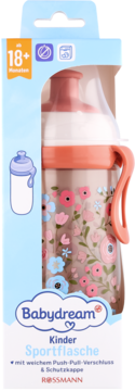 Babydream Kinder Sportflasche Rossmann, kwiatowy bidon 18m+, z zamknięciem pop-up i osłoną.