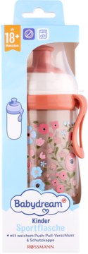 Babydream Kinder Sportflasche Rossmann, kwiatowy bidon 18m+, z zamknięciem pop-up i osłoną.
