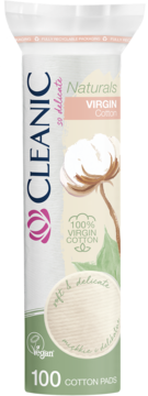 Cleanic Naturals Virgin Cotton, 100 płatków kosmetycznych, białe opakowanie z bawełną, widok z przodu.