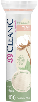 Cleanic Naturals Virgin Cotton, 100 płatków kosmetycznych, białe opakowanie z bawełną, widok z przodu.