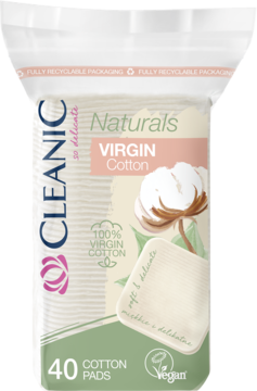 Cleanic Naturals Virgin Cotton, 40 kwadratowych płatków kosmetycznych w przezroczystym opakowaniu, widok z przodu.
