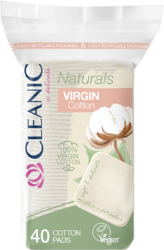Cleanic Naturals Virgin Cotton, 40 kwadratowych płatków kosmetycznych w przezroczystym opakowaniu, widok z przodu.