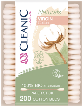 Cleanic Naturals Virgin Cotton, 200 biodegradowalnych patyczków higienicznych w opakowaniu. Biało-zielona etykieta z bawełną.