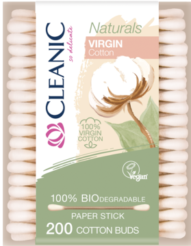 Cleanic Naturals Virgin Cotton, 200 biodegradowalnych patyczków higienicznych w opakowaniu. Biało-zielona etykieta z bawełną.