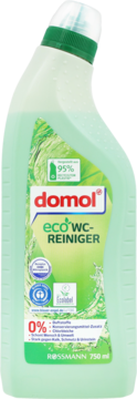 Domol eco WC-REINIGER w zielonej butelce z recyklingu, widok z przodu, z eko-certyfikatami, 0% mikroplastiku.