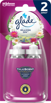 Glade Sense & Spray, zapas Relaxing Zen, 2 sztuki, w fioletowym opakowaniu z kwiatami lotosu, widok z przodu.