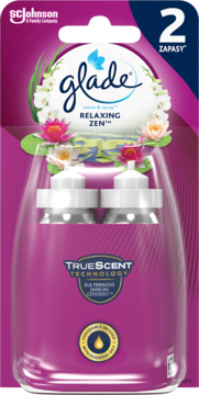 Glade Sense & Spray, zapas Relaxing Zen, 2 sztuki, w fioletowym opakowaniu z kwiatami lotosu, widok z przodu.
