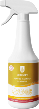 Medisept spray do dezynfekcji powierzchni, biała butelka z triggerem, złota etykieta z czerwonym paskiem, widok z przodu.