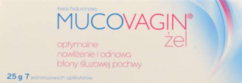Opakowanie MucoVagin żel 25g, nawilżający i regenerujący błonę śluzową pochwy, biało-różowe tło.