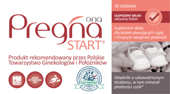 Pregna START® Ona, suplement dla kobiet planujących ciążę, z aktywnym folianem i cynkiem, rekomendowany. Widok przodu.