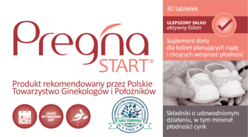 Pregna START® suplement dla kobiet planujących ciążę, biało-czerwone opakowanie, z bucikami.