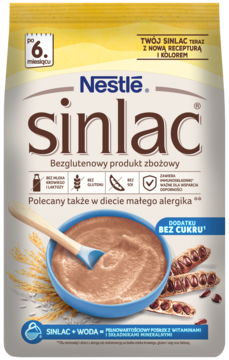 Nestlé Sinlac bezglutenowy produkt zbożowy dla dzieci od 6 m-ca, w żółto-białej torbie, z miską i zbożem.