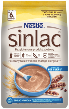 Nestlé Sinlac bezglutenowy produkt zbożowy dla dzieci od 6 m-ca, w żółto-białej torbie, z miską i zbożem.
