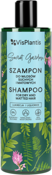 Ciemnozielony szampon VisPlantis Secret Garden do włosów suchych i matowych z lukrecją. Butelka z liśćmi, front.