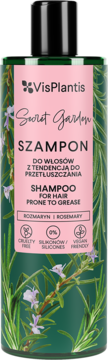 Zielona butelka szamponu VisPlantis Secret Garden, bez silikonów, z rozmarynem, na włosy przetłuszczające się, widok z przodu.