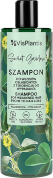 Szampon Vis Plantis Secret Garden w zielonej butelce z kozieradką, do włosów osłabionych, widok z przodu.