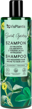 Vis Plantis Secret Garden Shampoo z fenugreek dla włosów osłabionych, ciemnozielona butelka, widok z przodu.