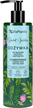 VisPlantis Secret Garden conditioner for dry, matted hair, front view of dark green bottle with floral pattern and black pump.