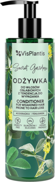 Zielona odżywka VisPlantis Secret Garden z pompką, kozieradka, na włosy osłabione, widok przód.