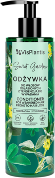 Vis Plantis Secret Garden odżywka do włosów osłabionych, zielona butelka z czarną pompką, wzór liści.