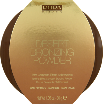 Pupa Milano Desert Bronzing Powder, maxi puder brązujący w złotym owalnym kompakcie, widok z przodu.