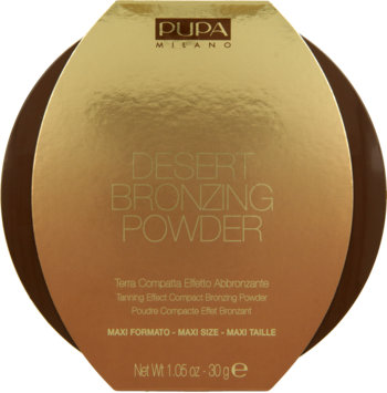 Pupa Milano Desert Bronzing Powder w złotym owalnym kompakcie, widok z przodu. Maxi rozmiar.