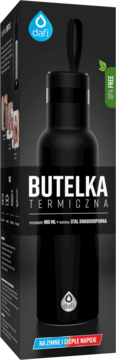 Czarna butelka termiczna Dafi 480ml z uchwytem na tle opakowania, widok z przodu, z napisem BUTELKA TERMICZNA.
