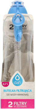 Dafi butelka filtrujaca 0,7l, przezroczysta, z niebieska nakretka i uchwytem, 2 filtry w zestawie.