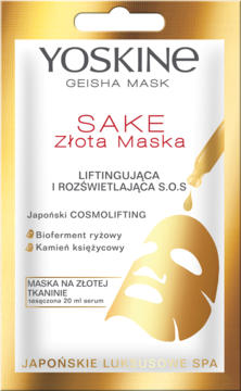YOSKINE Geisha Sake Złota Maska na złotej tkaninie, liftingująca i rozświetlająca, w biało-złotej saszetce.