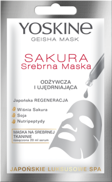 YOSKINE GEISHA SAKURA Srebrna Maska, biało-srebrna saszetka. Odżywcza i ujędrniająca maseczka na srebrnej tkaninie.