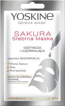 YOSKINE GEISHA SAKURA Srebrna Maska, biało-srebrna saszetka. Odżywcza i ujędrniająca maseczka na srebrnej tkaninie.