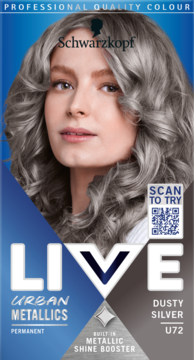 Schwarzkopf Live Urban Metallics, farba do włosów Dusty Silver U72. Opakowanie z modelką o długich, lśniących srebrnych włosach.