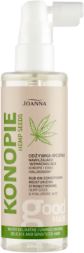 Joanna Konopie Hemp Seeds odżywka wcierka w przezroczystej butelce z atomizerem, beżowa etykieta z liściem konopi, widok z przodu.