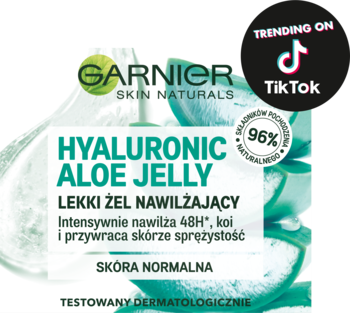 Garnier Hyaluronic Aloe Jelly, lekki żel nawilżający, białe opakowanie, logo TikTok na górze.