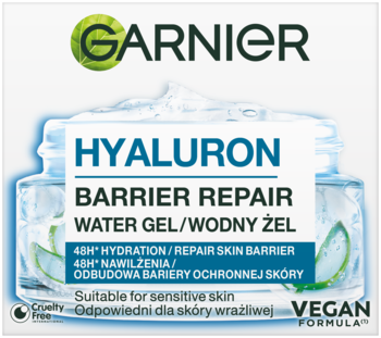 Garnier Hyaluron Barrier Repair Water Gel, nawilżający krem-żel do skóry wrażliwej w słoiku, widok z przodu.