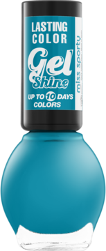 Turkusowy lakier do paznokci Miss Sporty Lasting Color Gel Shine, trwałego do 10 dni, widok z przodu.