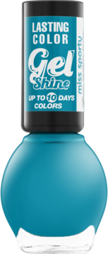 Turkusowy lakier do paznokci Miss Sporty Lasting Color Gel Shine, trwałego do 10 dni, widok z przodu.