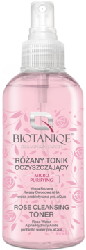 Biotaniqe Różany Tonik Oczyszczający, mikrooczyszczający, w przezroczystej butelce z różowym płynem, widok z przodu.