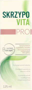 Białe opakowanie Skrzypovita PRO serum przeciw wypadaniu włosów, 125 ml, z zielonym i różowym logo, widok z przodu.