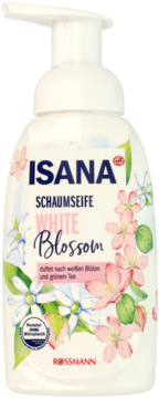 Biała ISANA Schaumseife White Blossom z pompką, butelka z kwiatami, front, zapach białych kwiatów i zielonej herbaty.