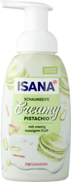 ISANA Creamy Pistachio Schaumseife, jasnozielona butelka z pompką, widok z przodu. Grafika pistacji, makaroników. Edycja limitowana.